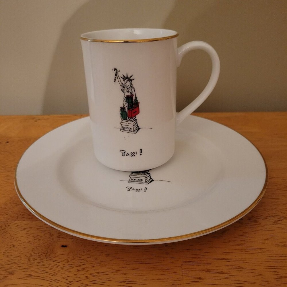 Merry Masterpieces White 1999 1st Ed Taxi Statue of Liberty NY Mug & Plate EUC - Picture 2 of 6